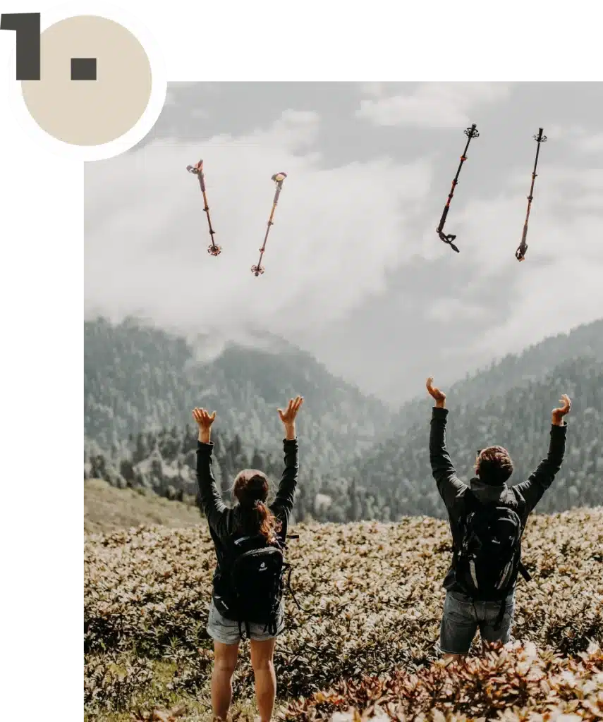 Zwei Wanderer mit Aussicht auf die Berge werfen Wanderstöcke in die Luft - Grafik 1.